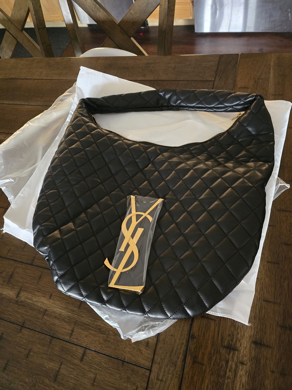 Saint Laurent Inspired Black Quilted Shoulder Bag with Gold Accent